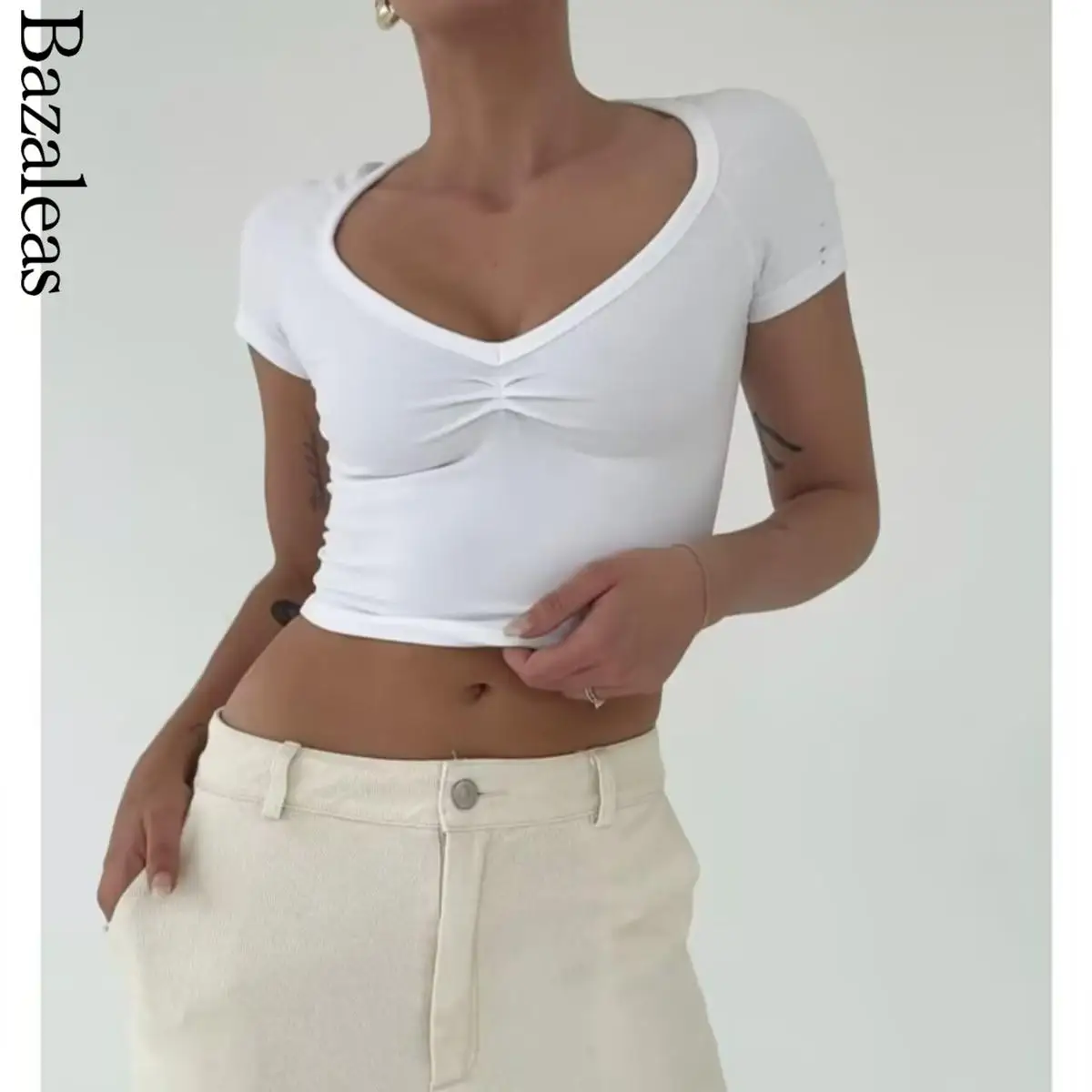 2023 bazaleas store футболка traf Storeline, футболки с коротким рукавом, тонкая футболка, хлопковый эластичный топ, официальная женская одежда