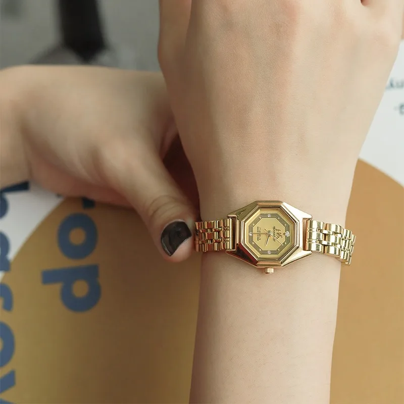 2023 Новые женские часы Средневековые часы Золотые часы с восьмиугольным циферблатом Японский механизм Роскошный стиль, инкрустированный бриллиантами