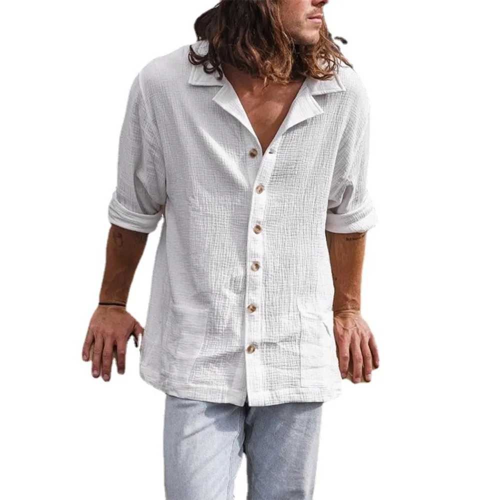 2023 Одежда для зрелых мужчин, старшая Кубинская рубашка с воротником для мужчин, однотонная модная Свободная повседневная мужская рубашка с длинными рукавами