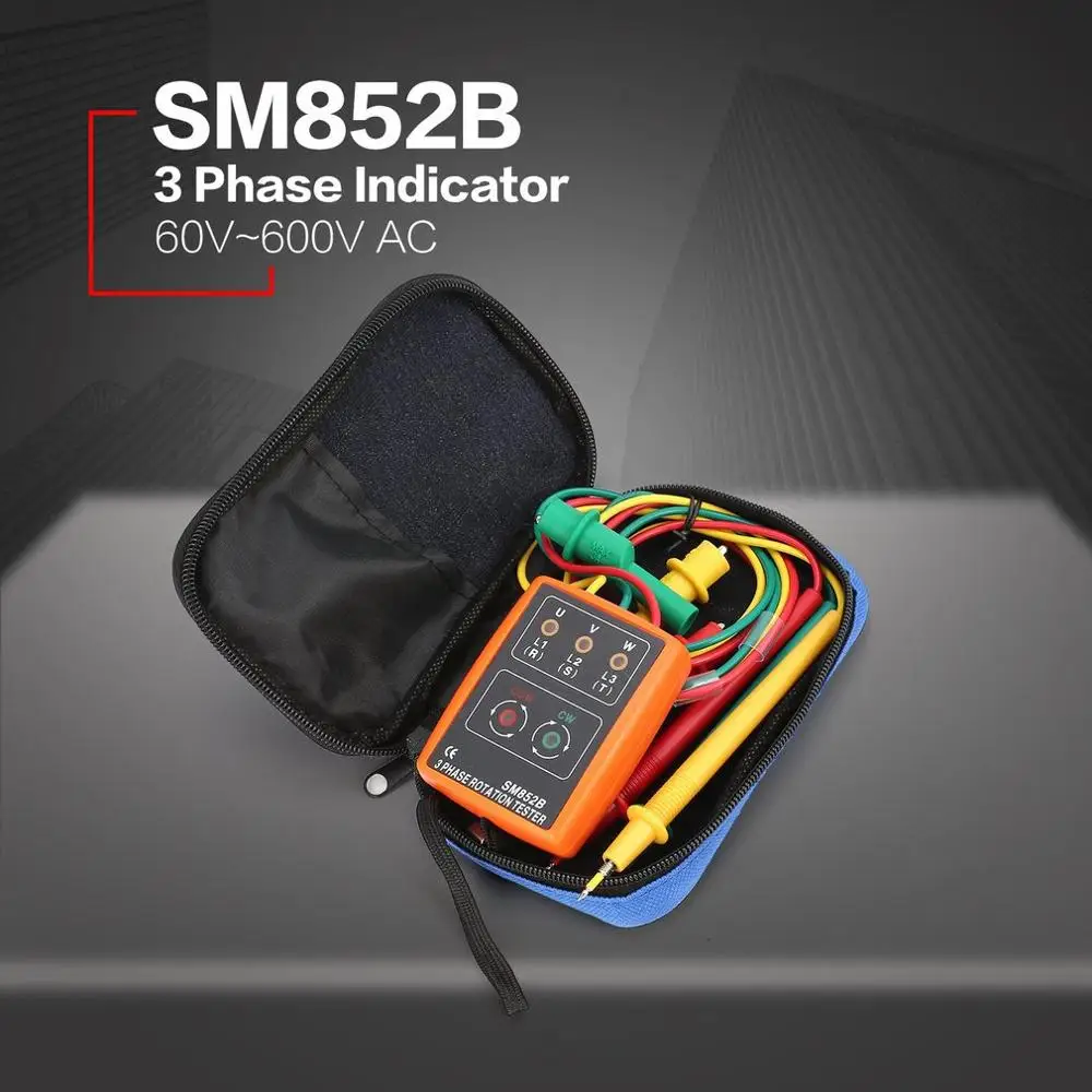 SM852B 3-фазный тестер вращения Цифровой индикатор фазы Детектор Светодиодный Зуммер Измеритель последовательности фаз Тестер напряжения 60 В ~ 600 В переменного тока