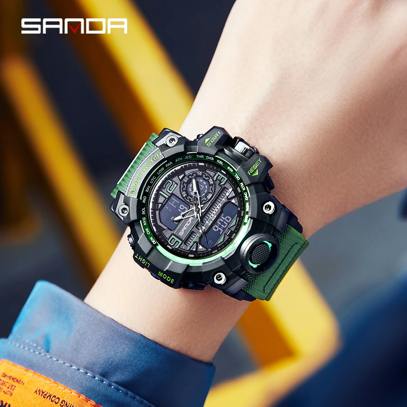 Бренд SANDA Мужские спортивные Модные часы для фитнеса Аналоговые Цифровые наручные часы с двойным дисплеем Мужские Водонепроницаемые Красочные военные часы