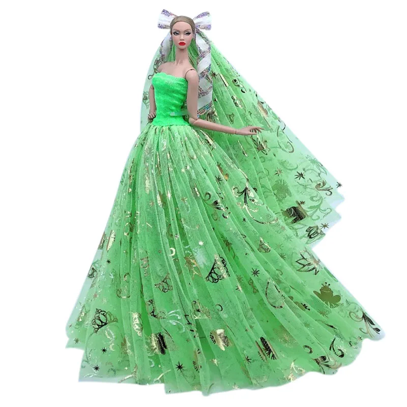 Высококачественное Зеленое свадебное платье для куклы Барби, Наряды и вуали, вечернее платье с цветочным рисунком, аксессуары для кукол ручной работы, игрушки 1/6 размера