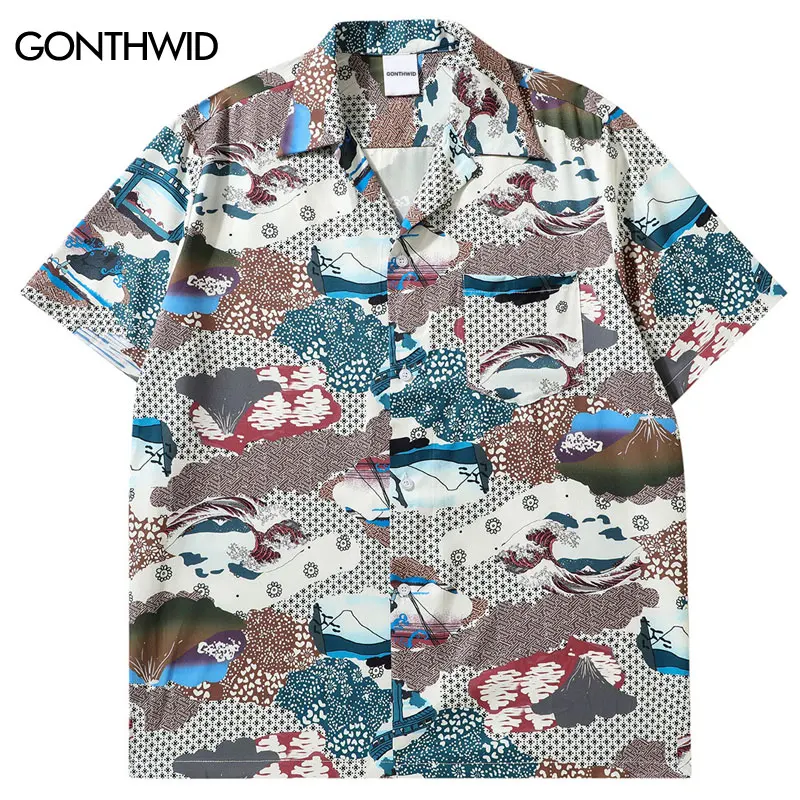 Мужская Гавайская рубашка Y2K Harajuku В ретро-японском стиле С волнистым принтом, Летние пляжные рубашки с коротким рукавом, Винтажная Модная Свободная Блузка