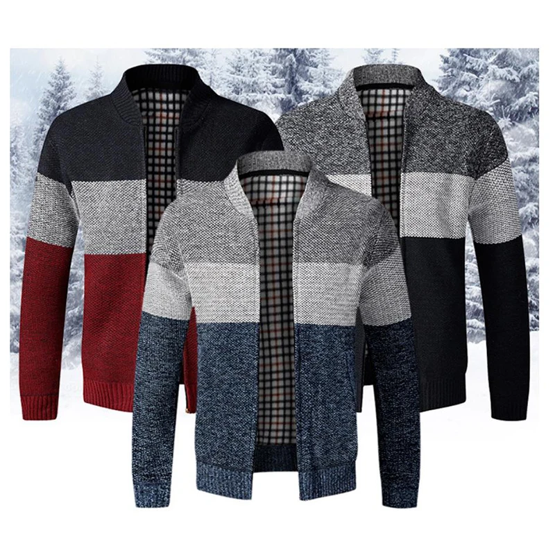 Мужской осенне-зимний свитер в стиле пэчворк, пальто, вязаная толстая куртка на молнии, теплый повседневный тонкий трикотаж, куртки-кардиганы, одежда