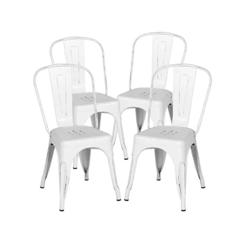 Промышленные железные обеденные стулья Easyfashion для дома, набор из 4-х, Обеденный стул для столовой с потертыми белыми стульями