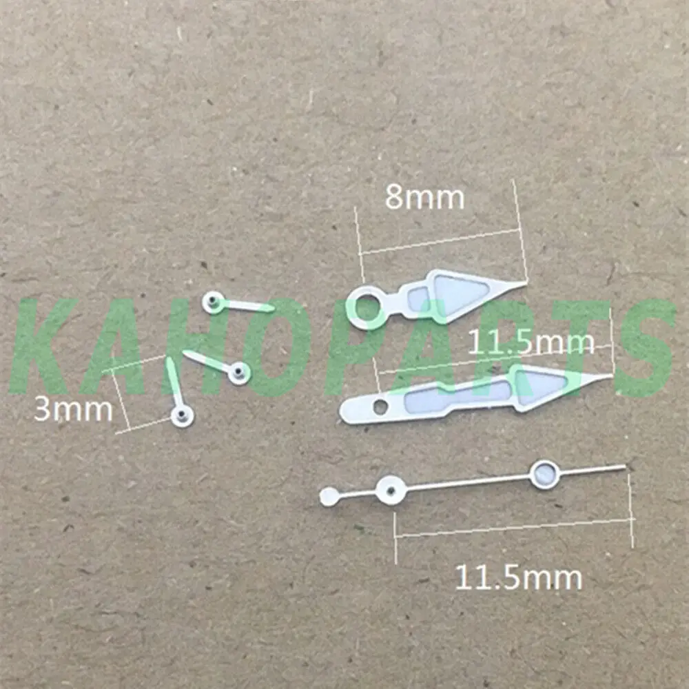 Стрелки часов с серебряной отделкой диаметром 11,5 мм и зеленой стрелкой Lume Arrow для механизма Miyota 0S10 OS10