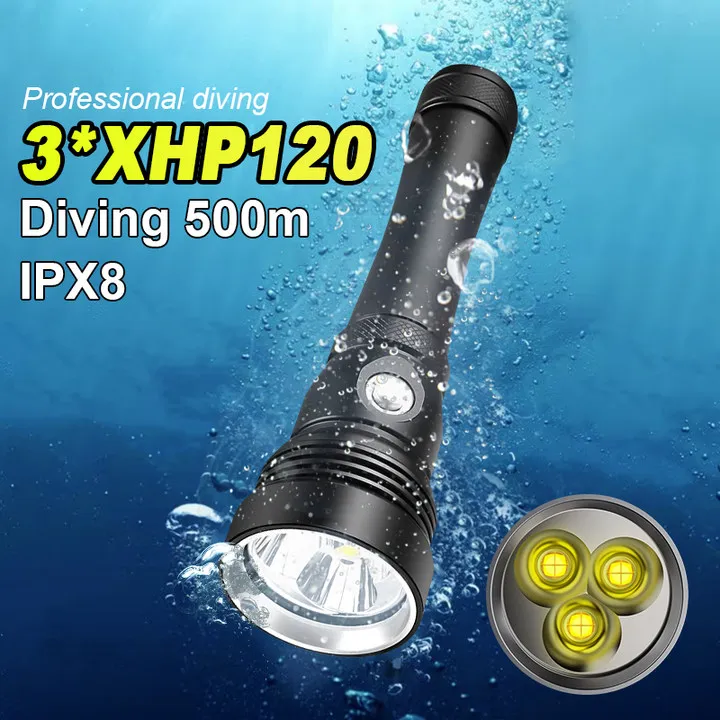 Супер яркие мощные фонари для дайвинга 3 * XHP120 LED Профессиональный фонарь для подводного плавания с аквалангом, Высочайшая водонепроницаемость подводных фонарей IPX8