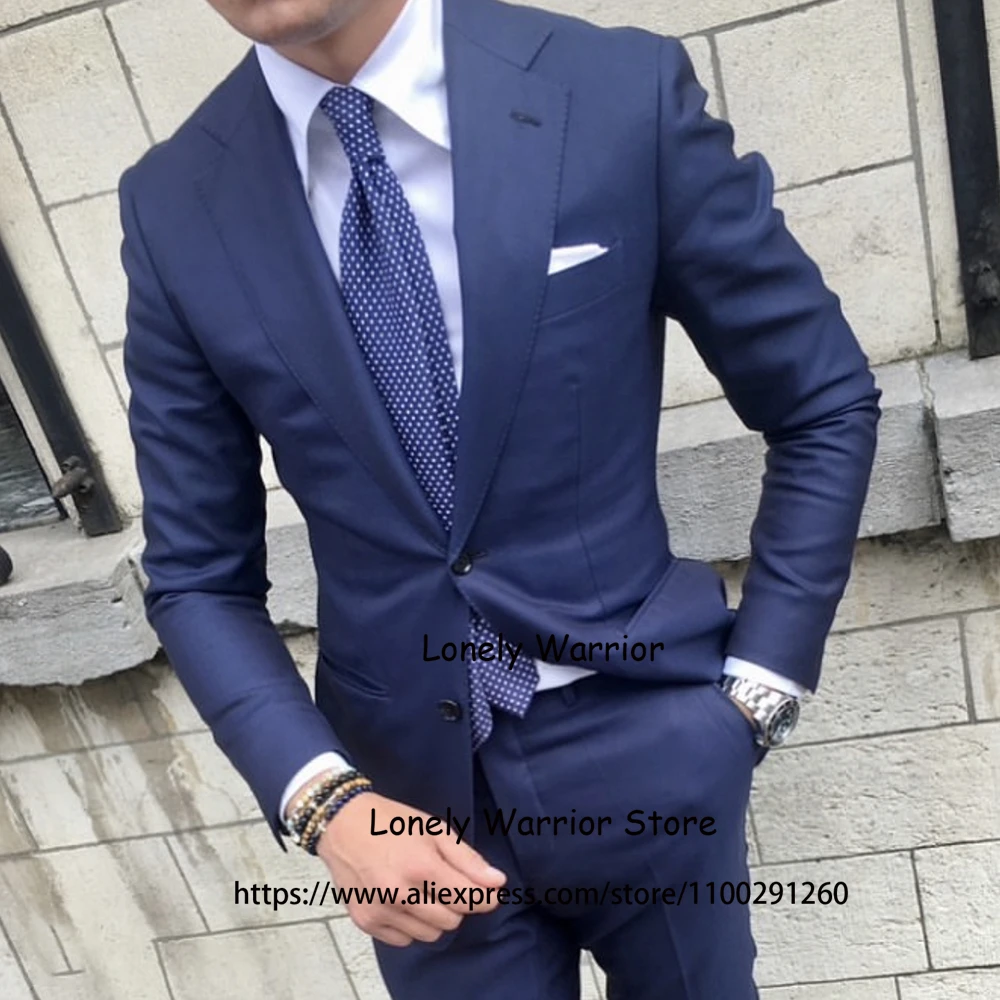 Темно-синие костюмы для мужчин, официальный Деловой Мужской Блейзер, Приталенный Свадебный смокинг Жениха, комплект из 2 предметов, комплект из пиджака и брюк, костюм Homme