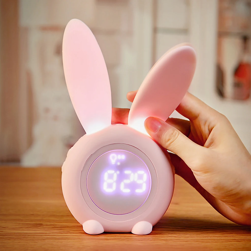 Цифровой будильник с мультяшным кроликом, Электронный светодиодный дисплей, управление звуком, Ночная лампа, настольные часы для зарядки через USB с подсветкой для дыхания